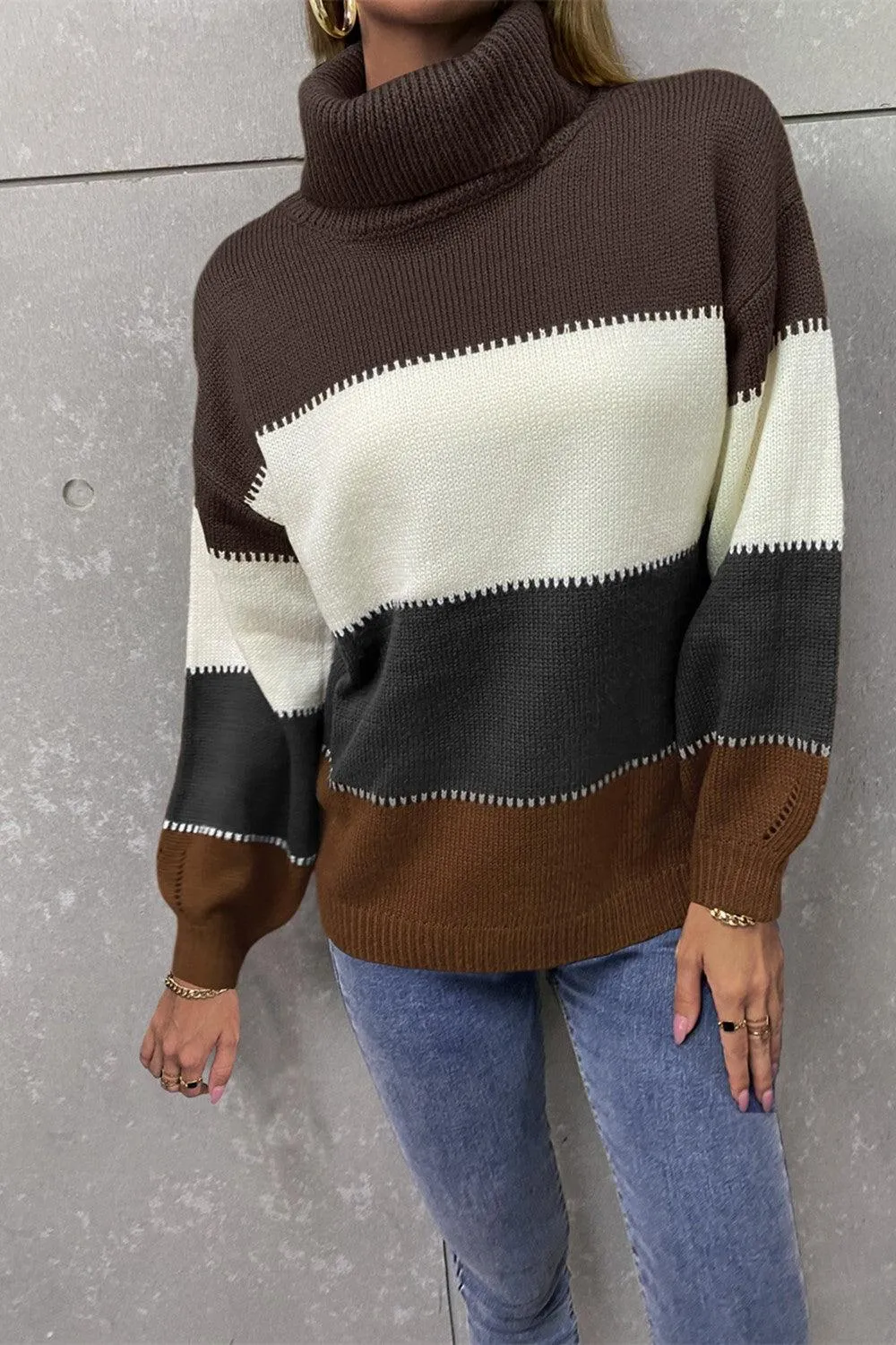Inevitably Warm Color Block Turtleneck Sweater