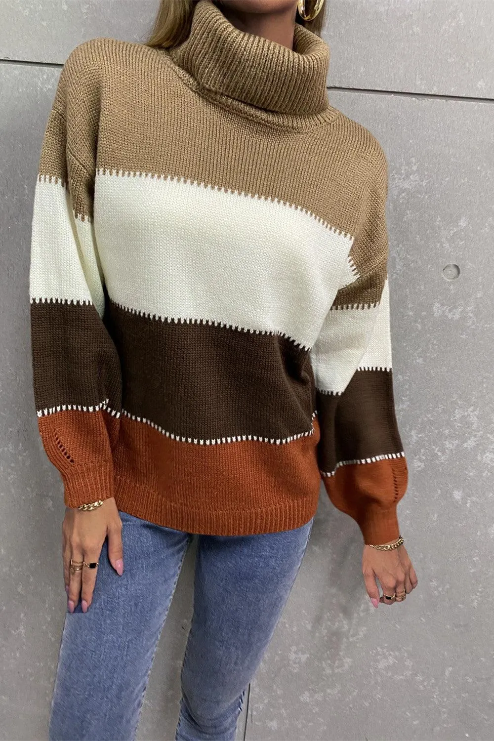 Inevitably Warm Color Block Turtleneck Sweater