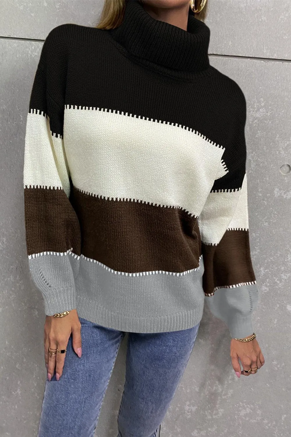Inevitably Warm Color Block Turtleneck Sweater