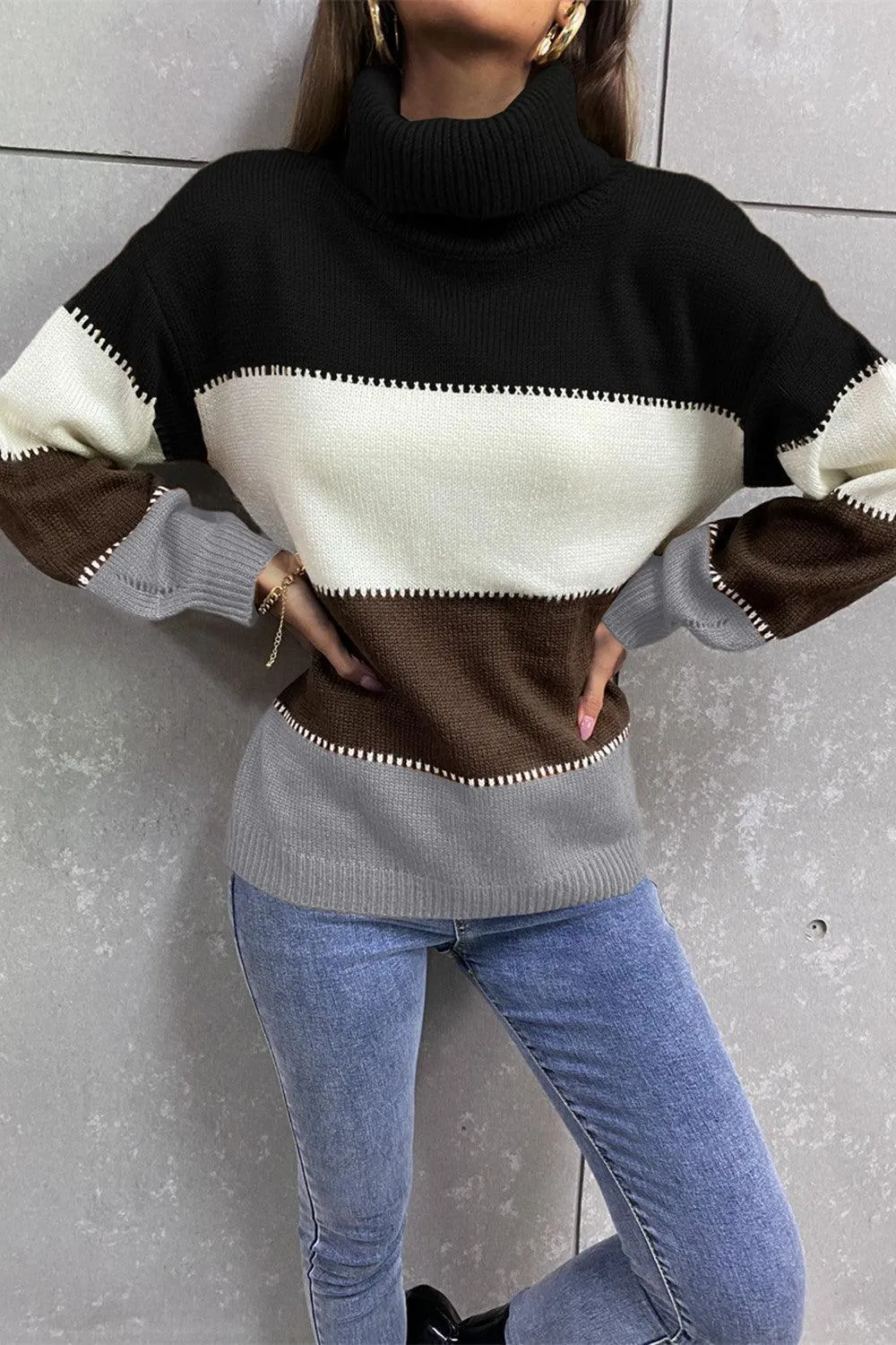Inevitably Warm Color Block Turtleneck Sweater