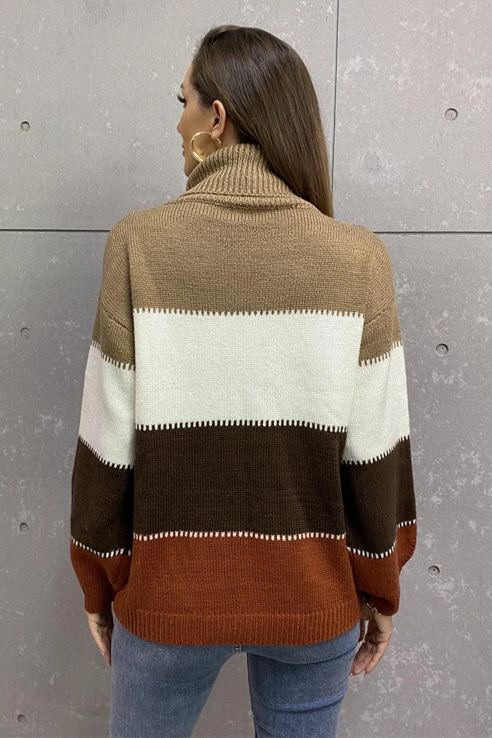 Inevitably Warm Color Block Turtleneck Sweater