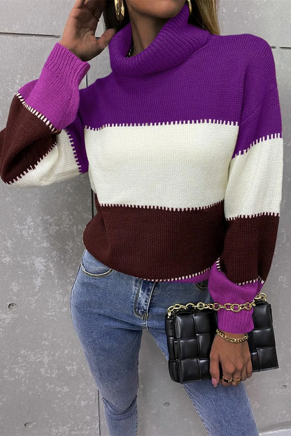 Inevitably Warm Color Block Turtleneck Sweater