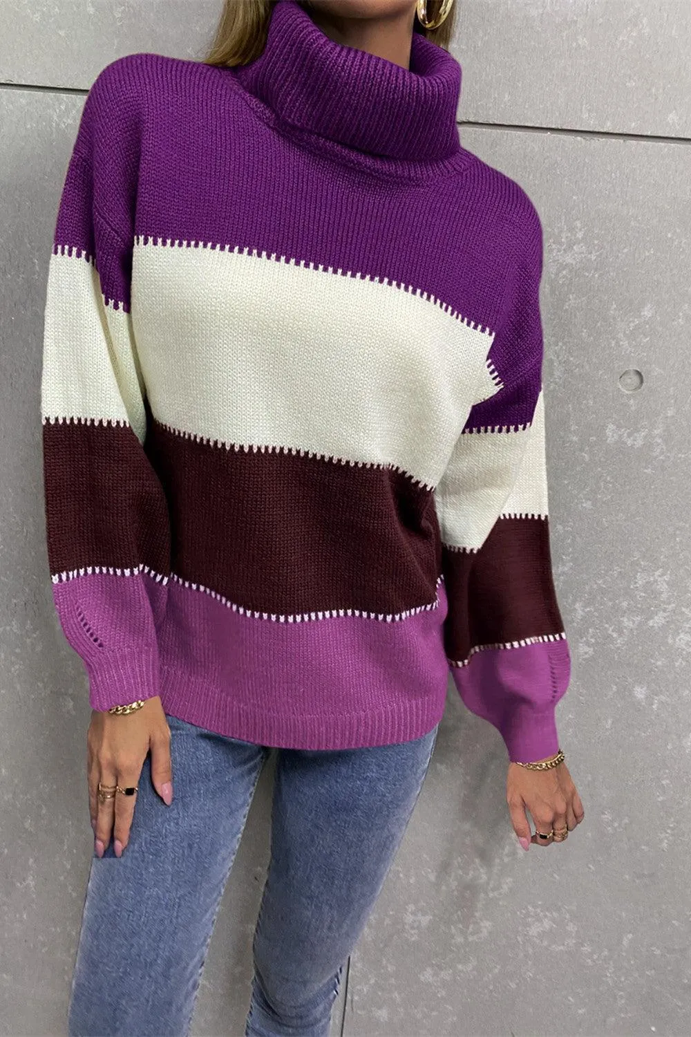 Inevitably Warm Color Block Turtleneck Sweater