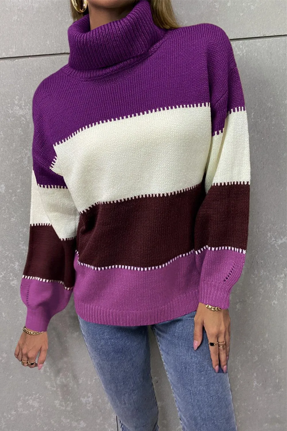 Inevitably Warm Color Block Turtleneck Sweater