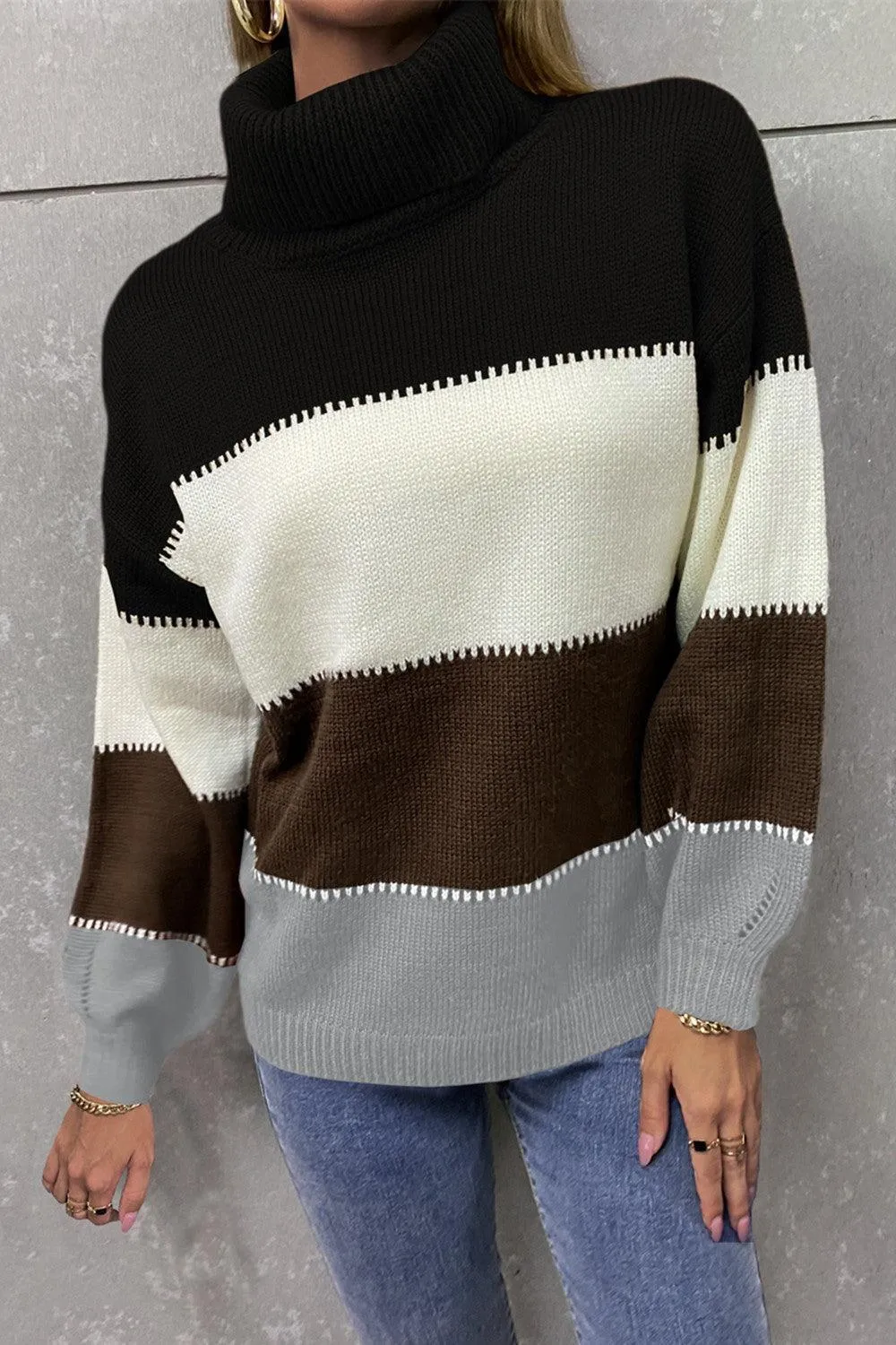 Inevitably Warm Color Block Turtleneck Sweater