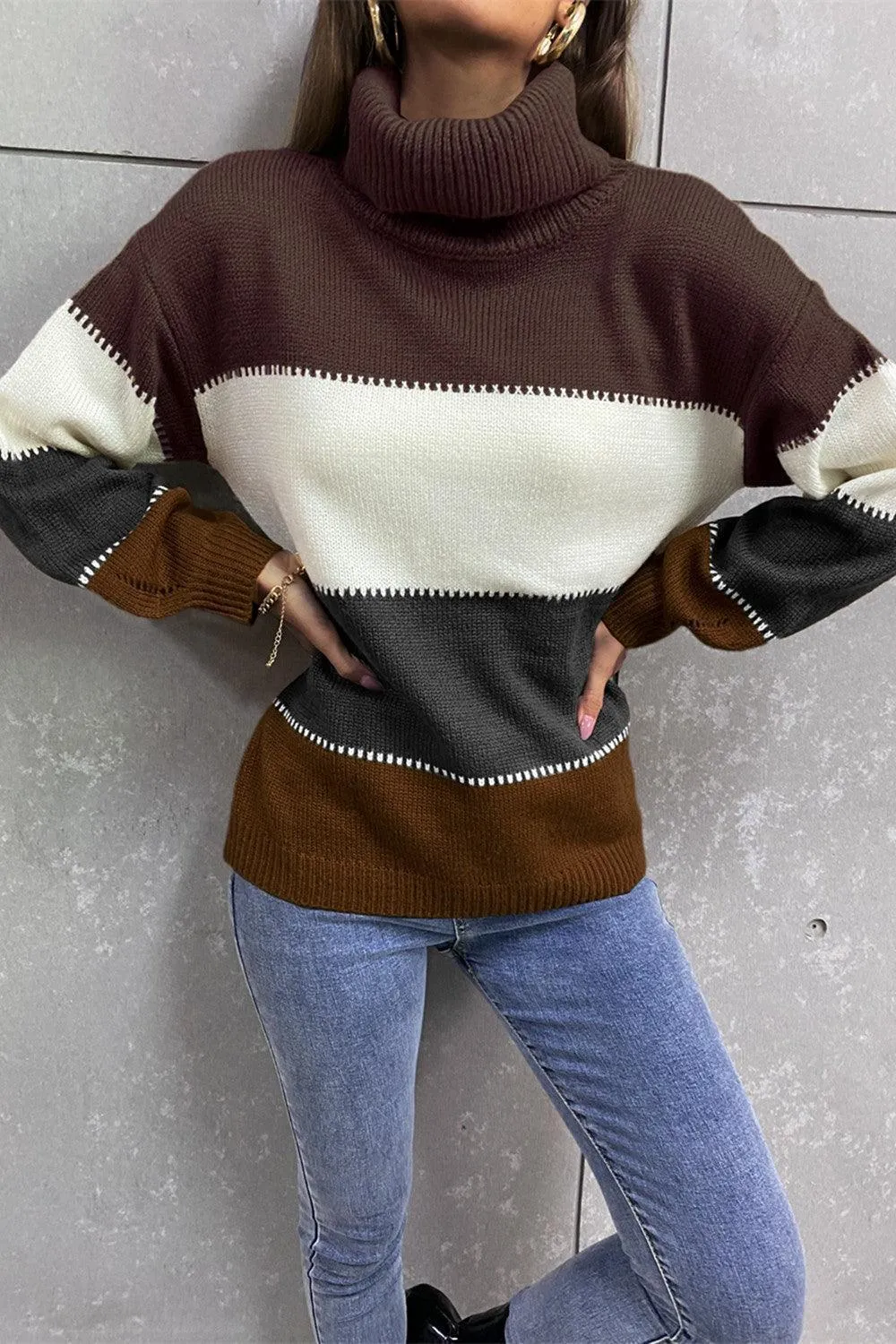 Inevitably Warm Color Block Turtleneck Sweater