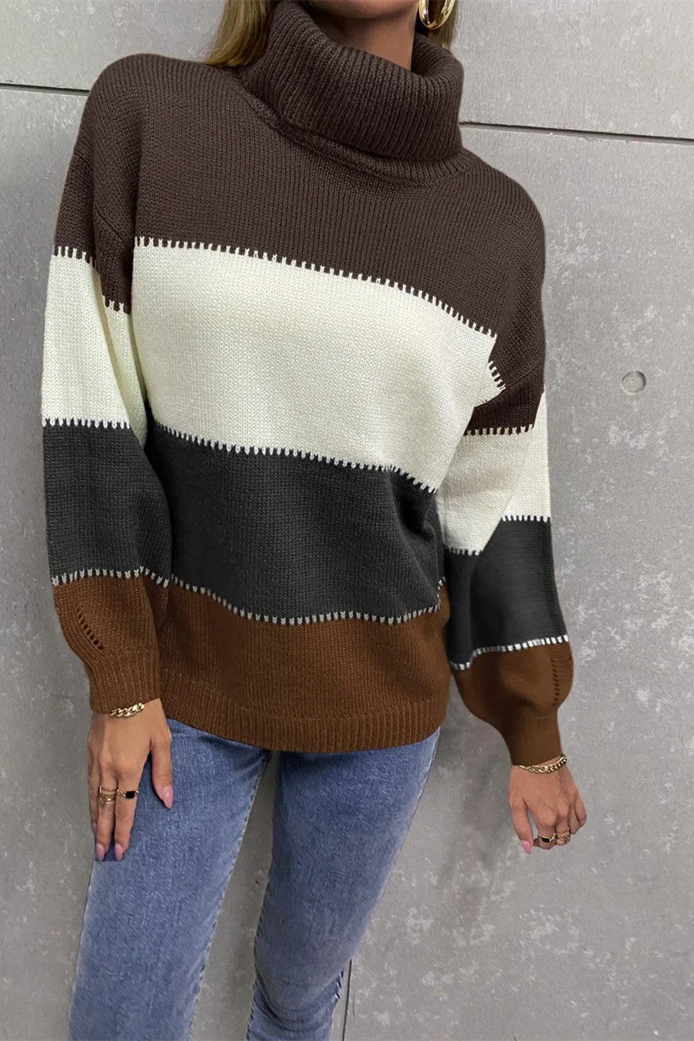 Inevitably Warm Color Block Turtleneck Sweater