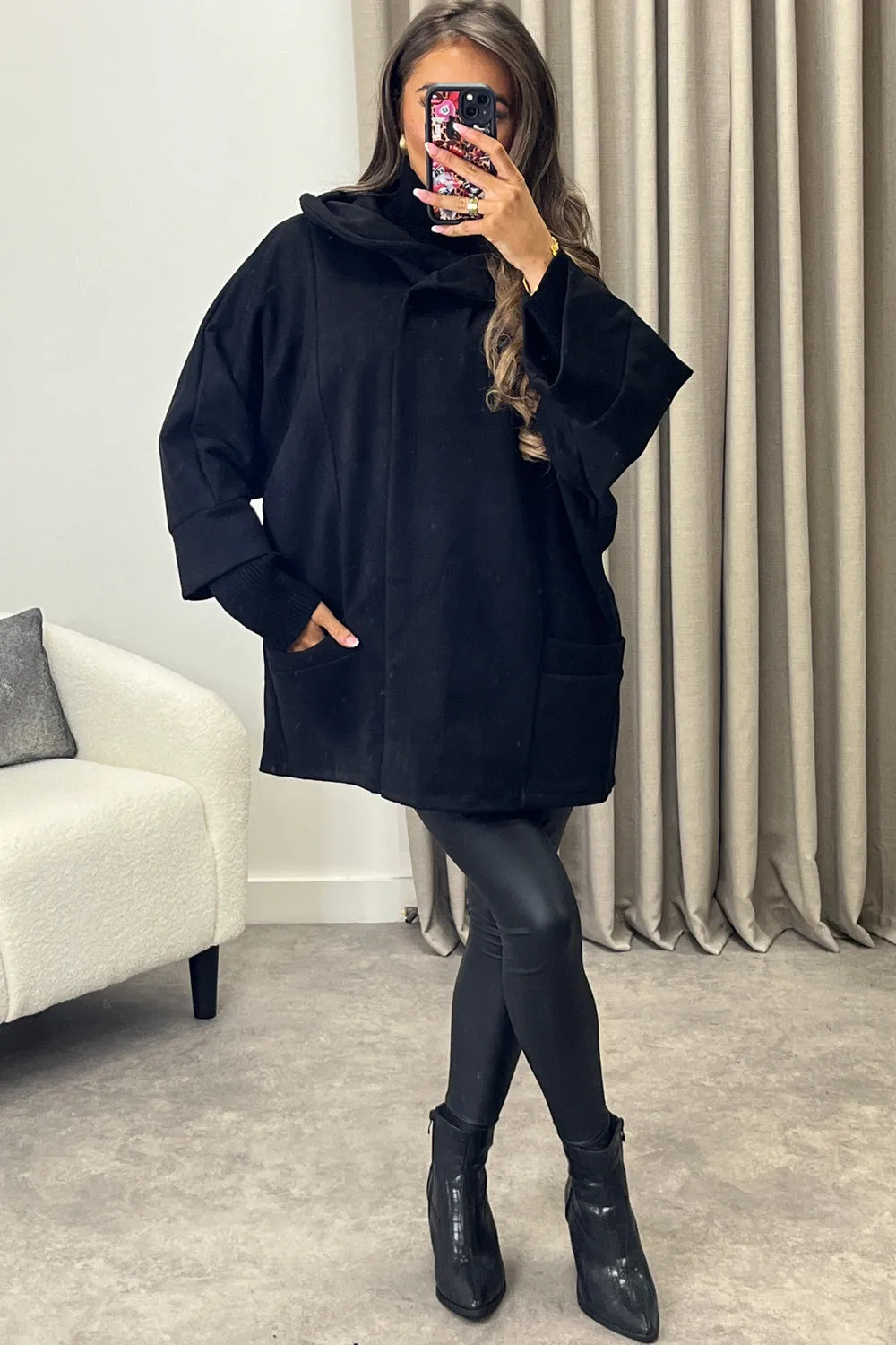 Isabelle Black Faux Suede Button Oversized Jacket