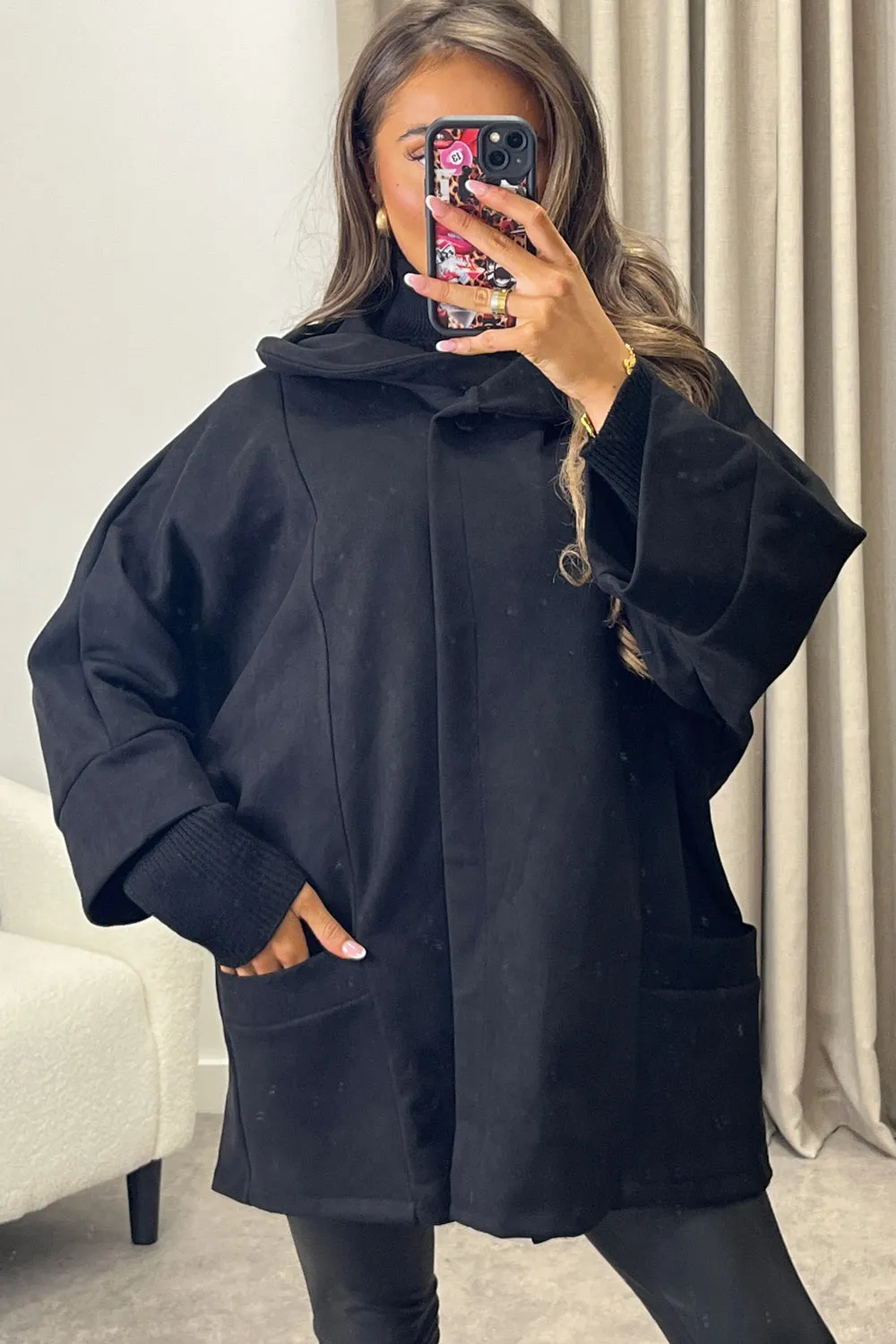 Isabelle Black Faux Suede Button Oversized Jacket