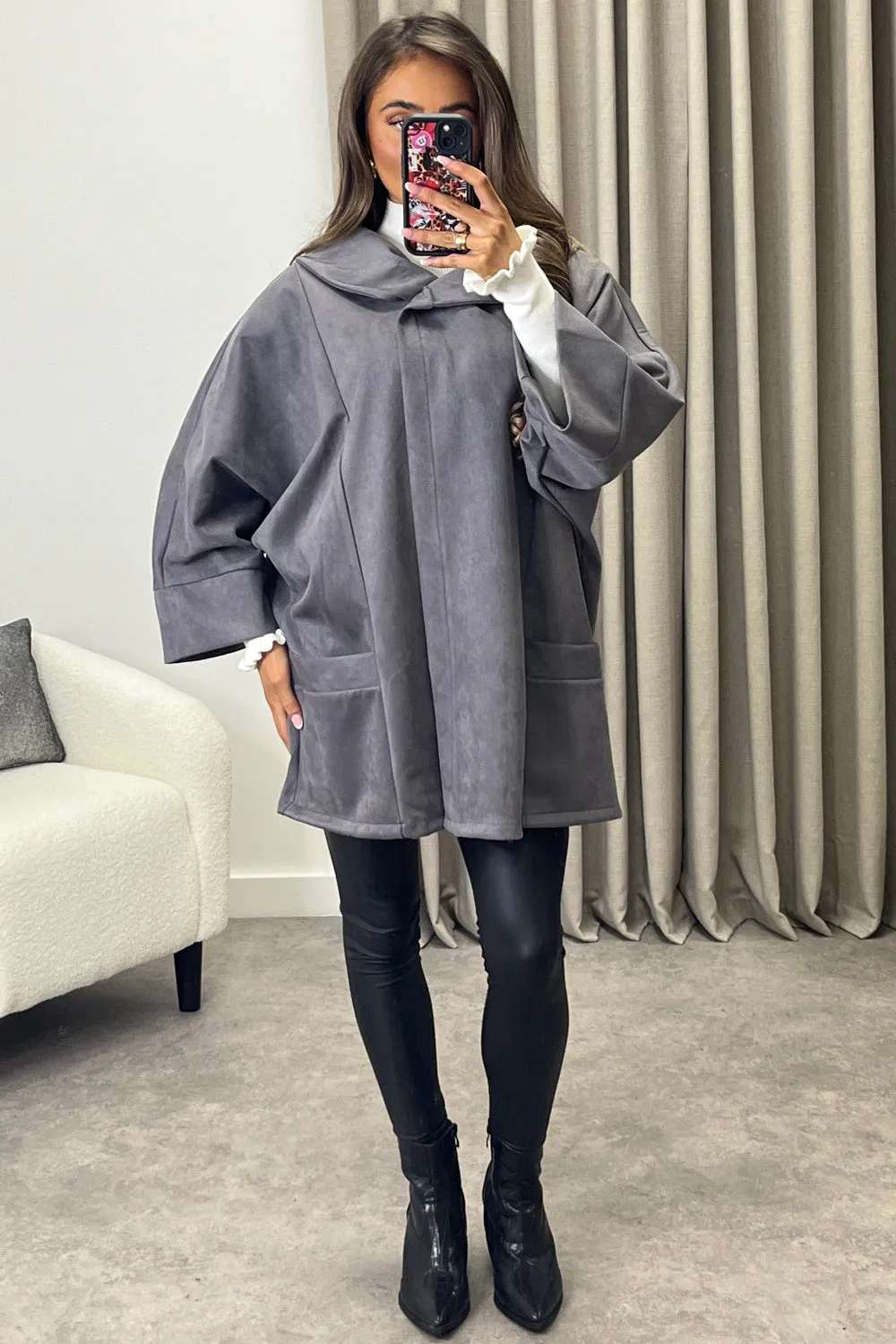 Isabelle Grey Faux Suede Button Oversized Jacket