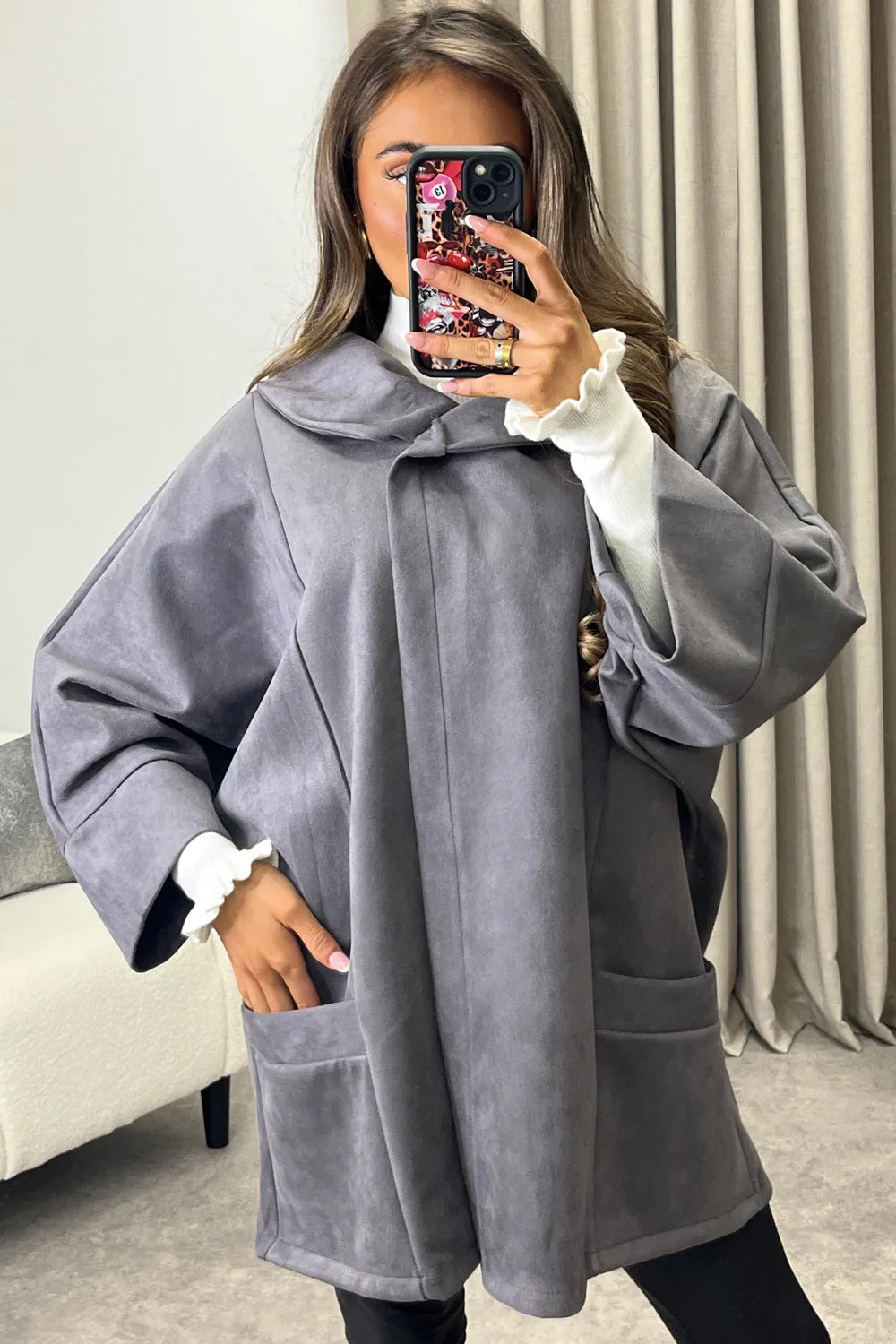 Isabelle Grey Faux Suede Button Oversized Jacket