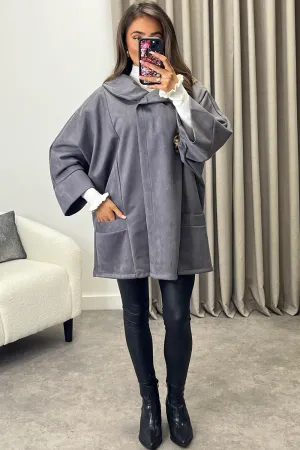 Isabelle Grey Faux Suede Button Oversized Jacket