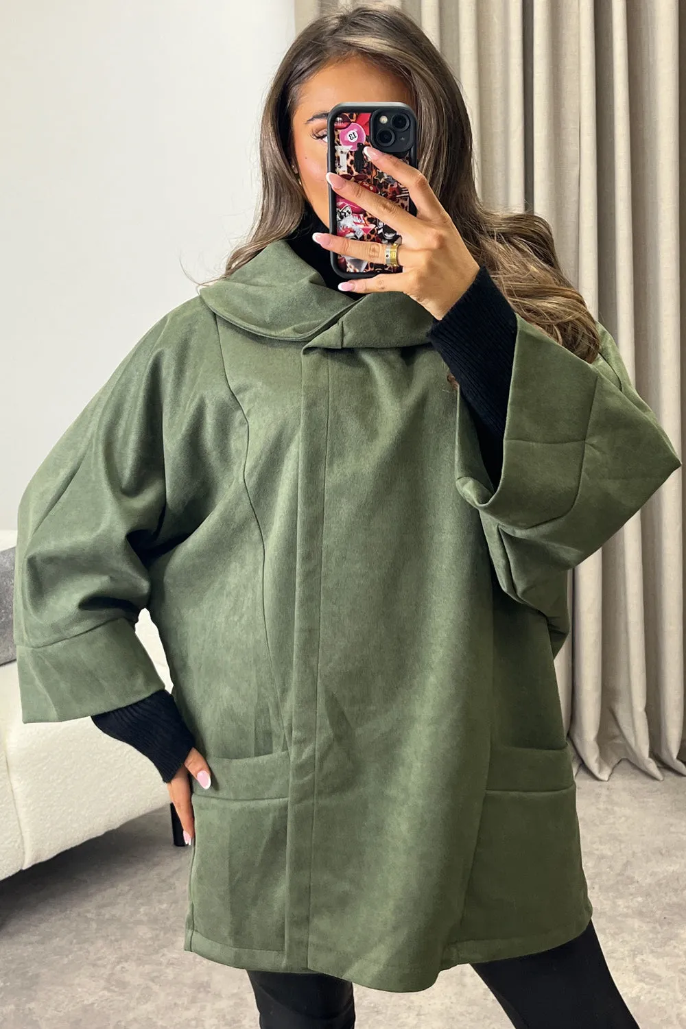 Isabelle Khaki Faux Suede Button Oversized Jacket