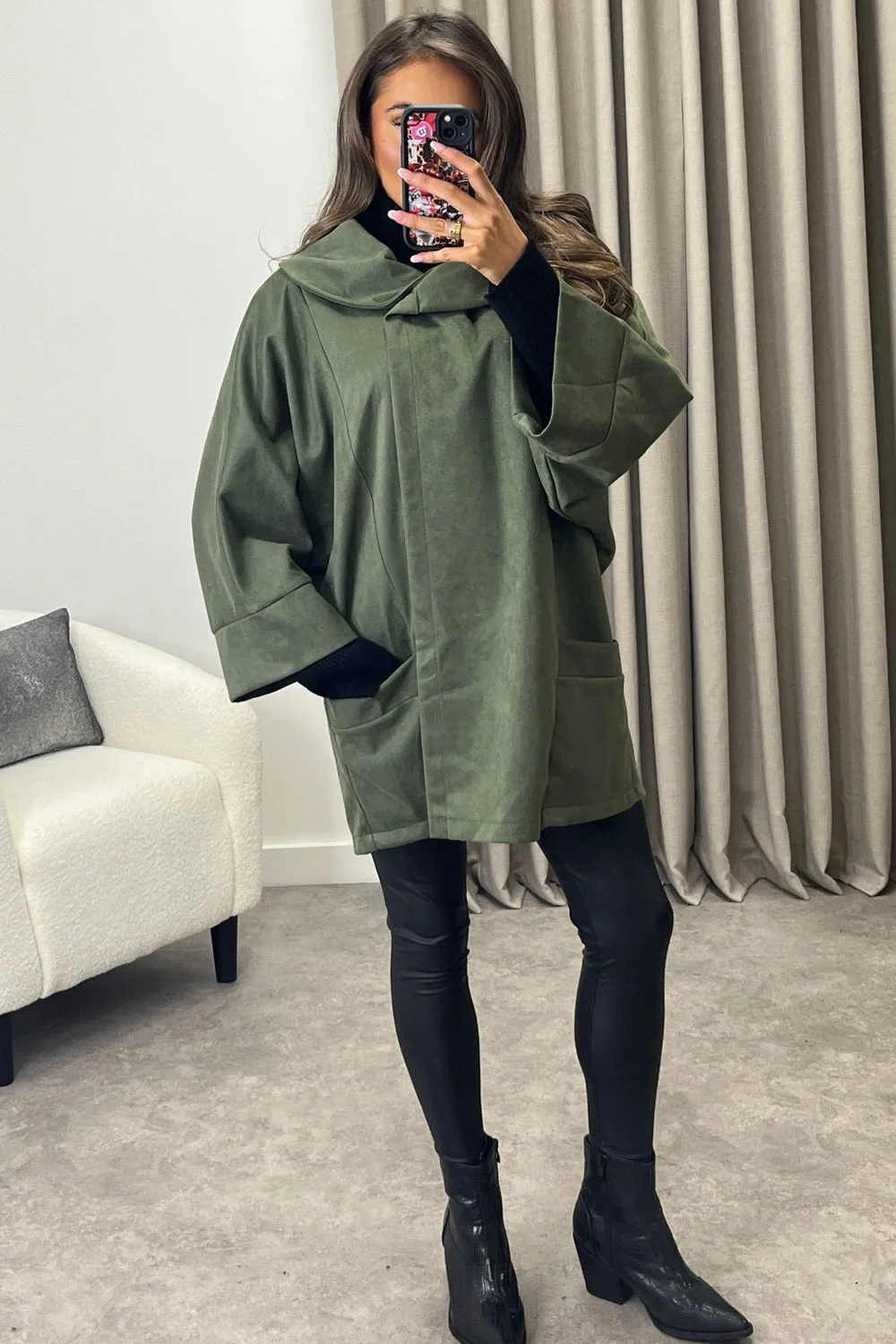 Isabelle Khaki Faux Suede Button Oversized Jacket