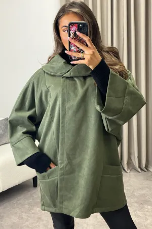 Isabelle Khaki Faux Suede Button Oversized Jacket
