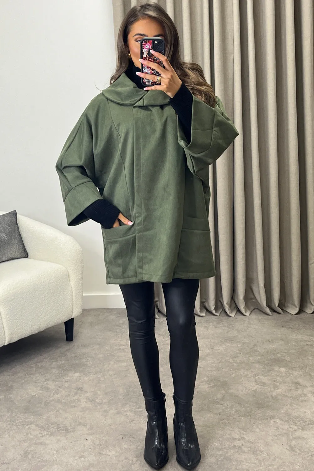 Isabelle Khaki Faux Suede Button Oversized Jacket