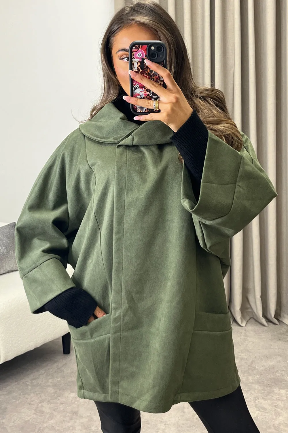 Isabelle Khaki Faux Suede Button Oversized Jacket