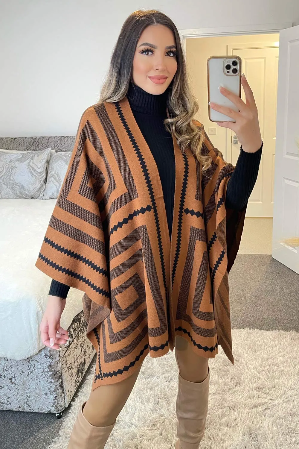 Josey Black and Camel Printed Open Cape