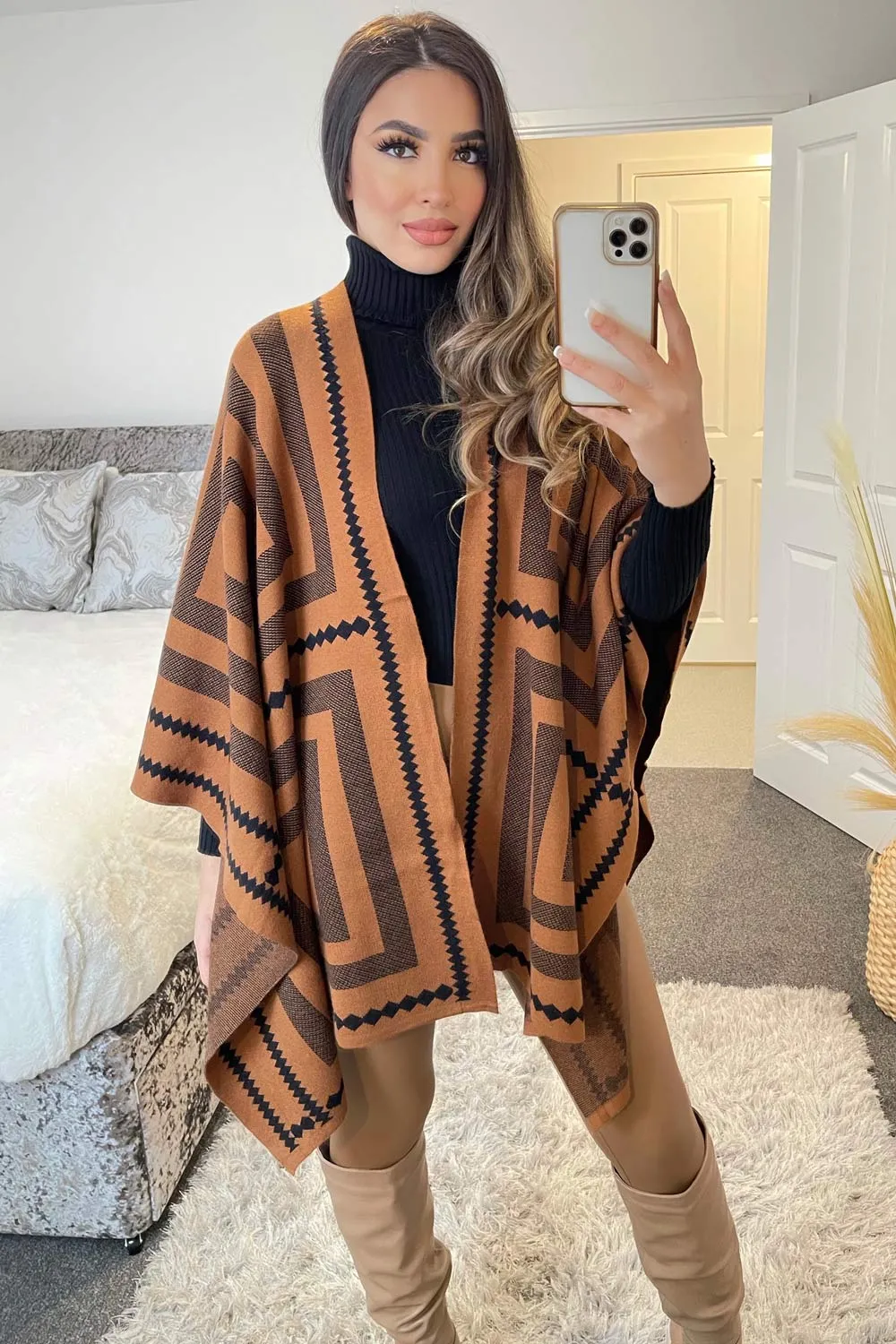 Josey Black and Camel Printed Open Cape