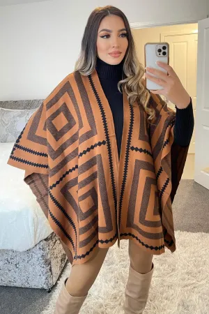 Josey Black and Camel Printed Open Cape