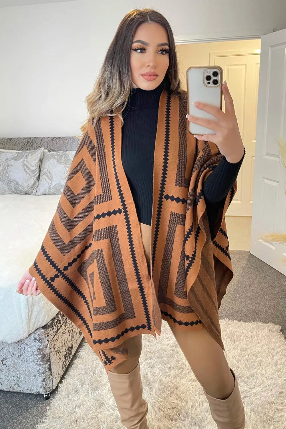 Josey Black and Camel Printed Open Cape