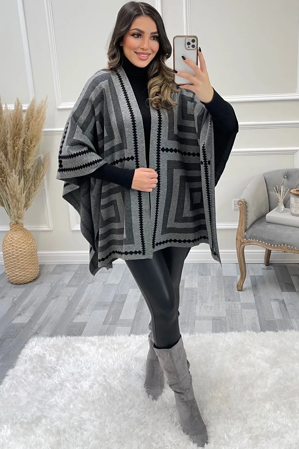 Josey Black and Grey Printed Open Cape