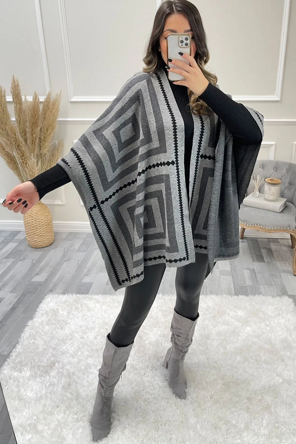 Josey Black and Grey Printed Open Cape