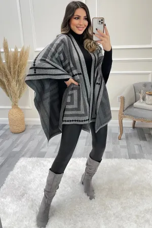 Josey Black and Grey Printed Open Cape