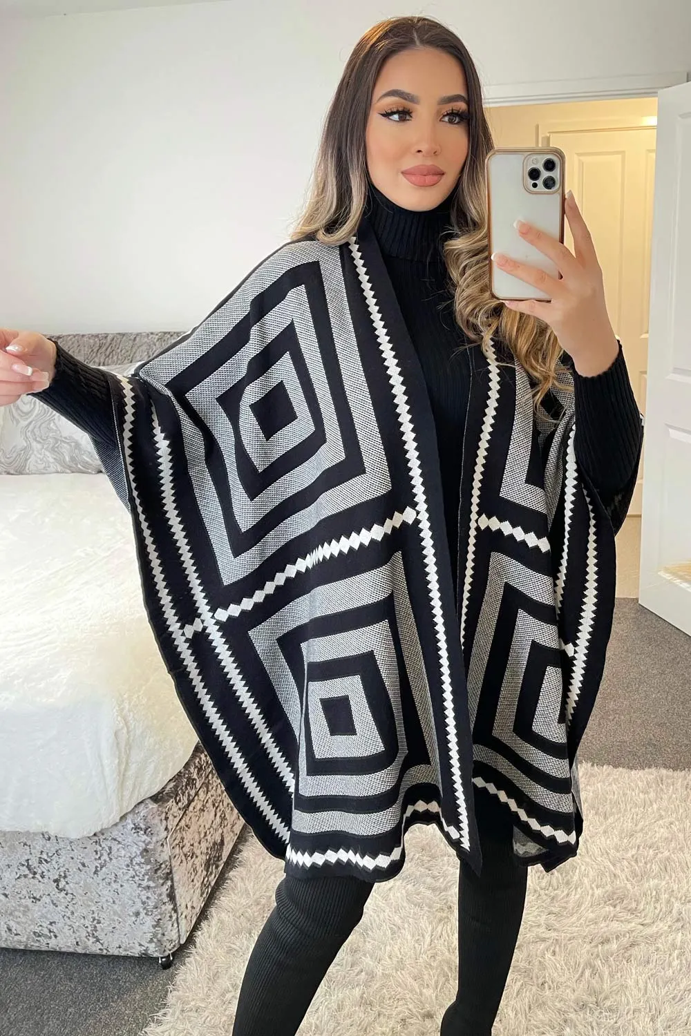 Josey Black and White Printed Open Cape