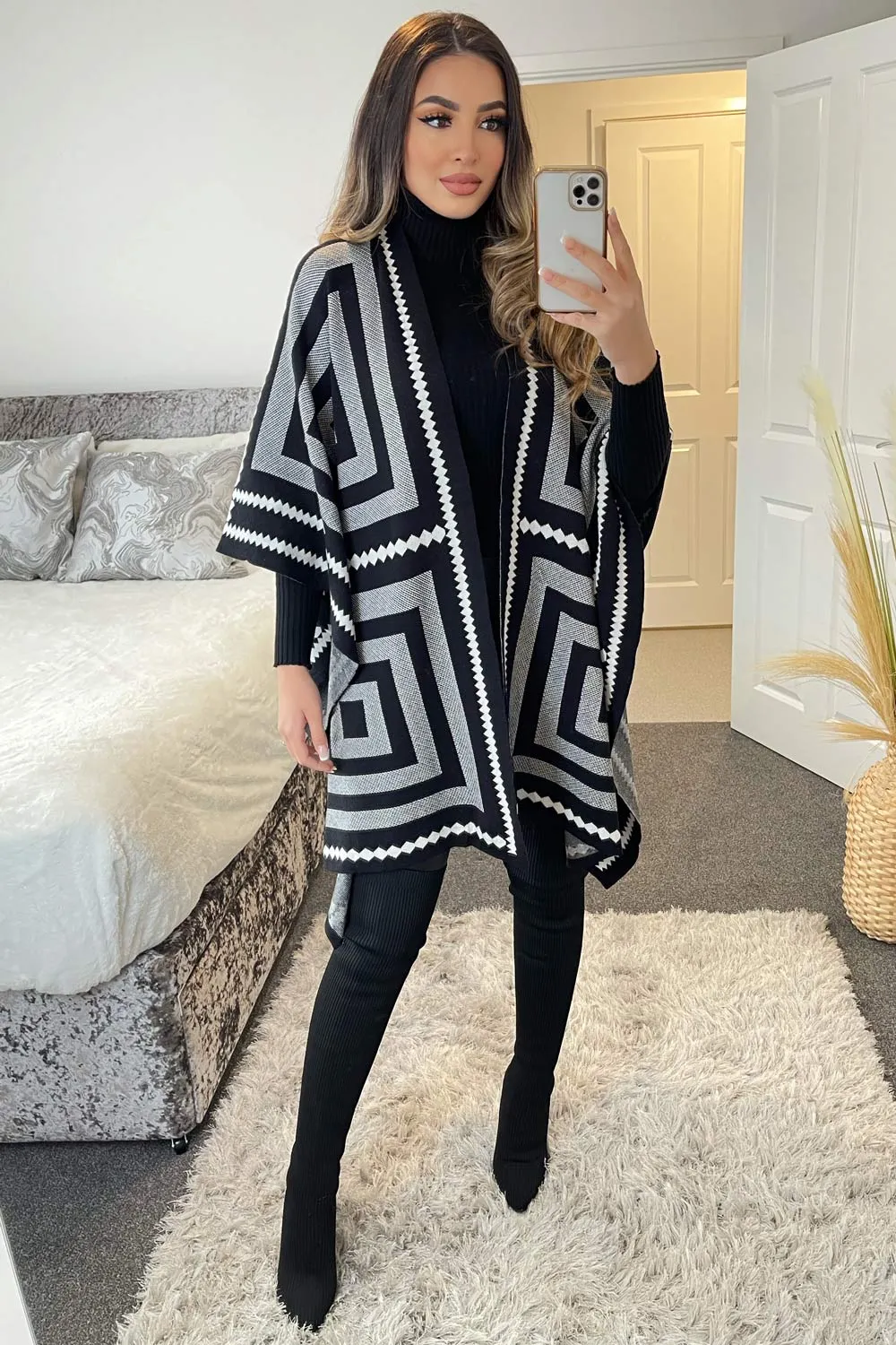 Josey Black and White Printed Open Cape