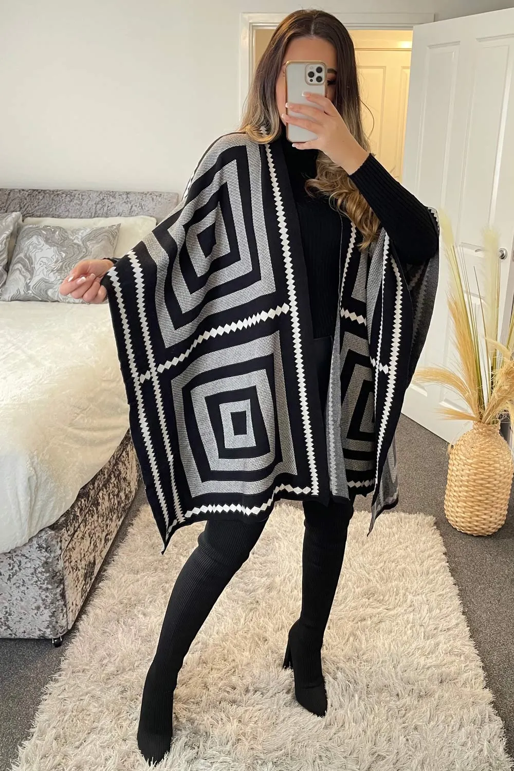Josey Black and White Printed Open Cape