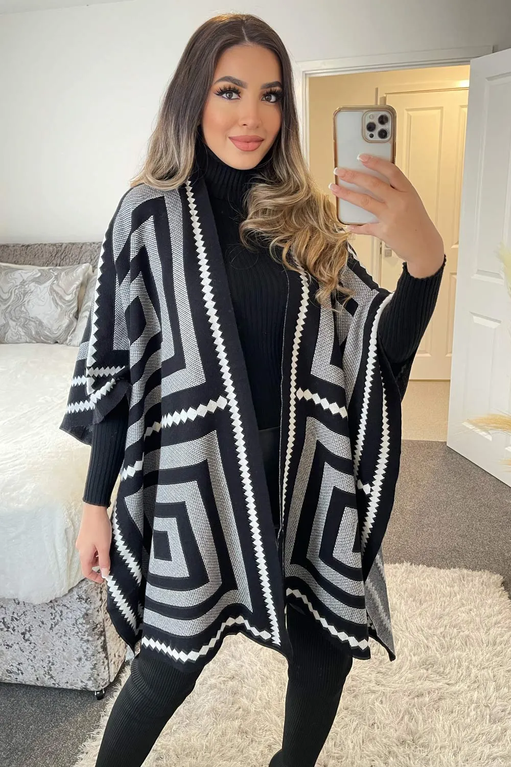Josey Black and White Printed Open Cape