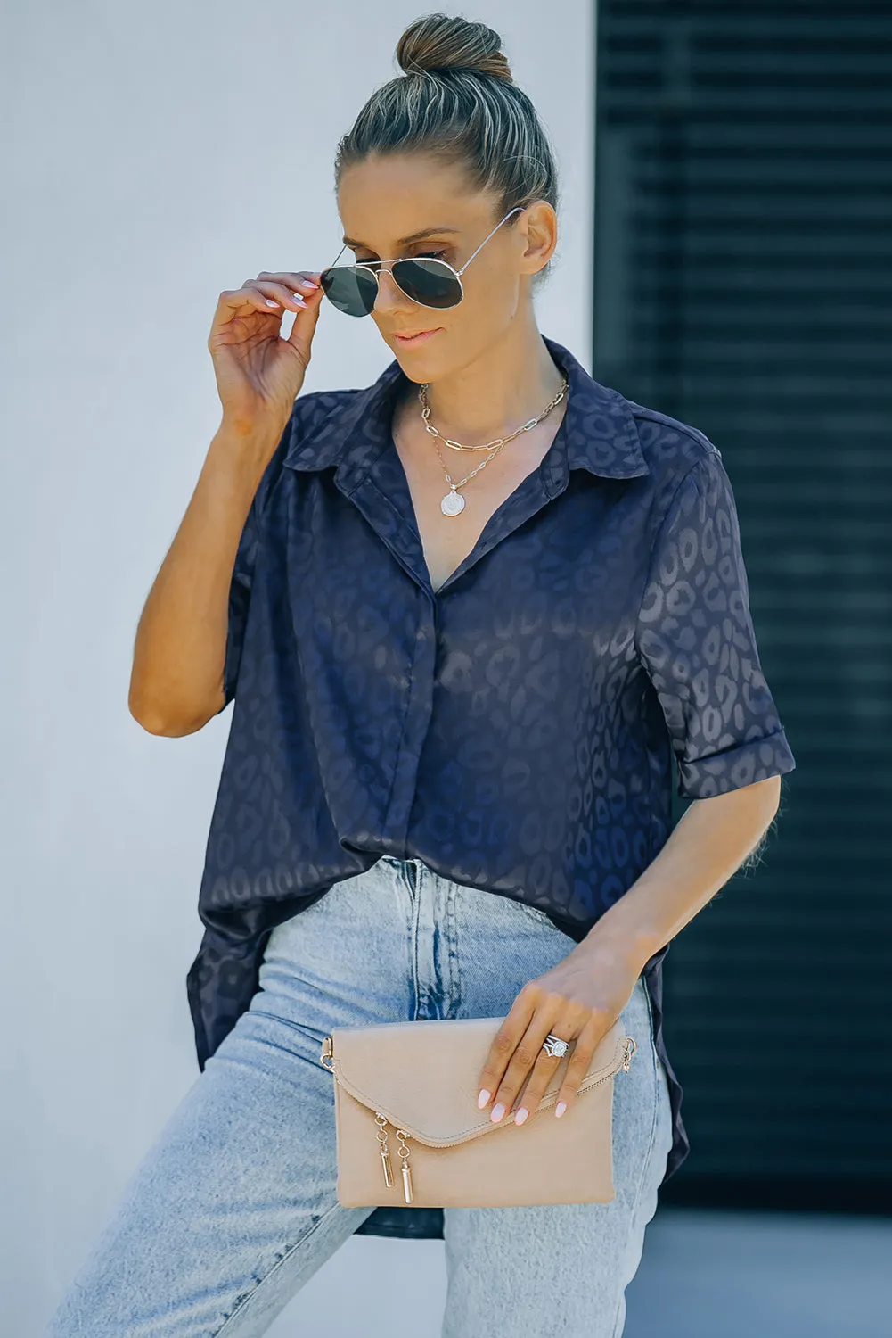 Leopard Jacquard Short Sleeve Satin Blouse