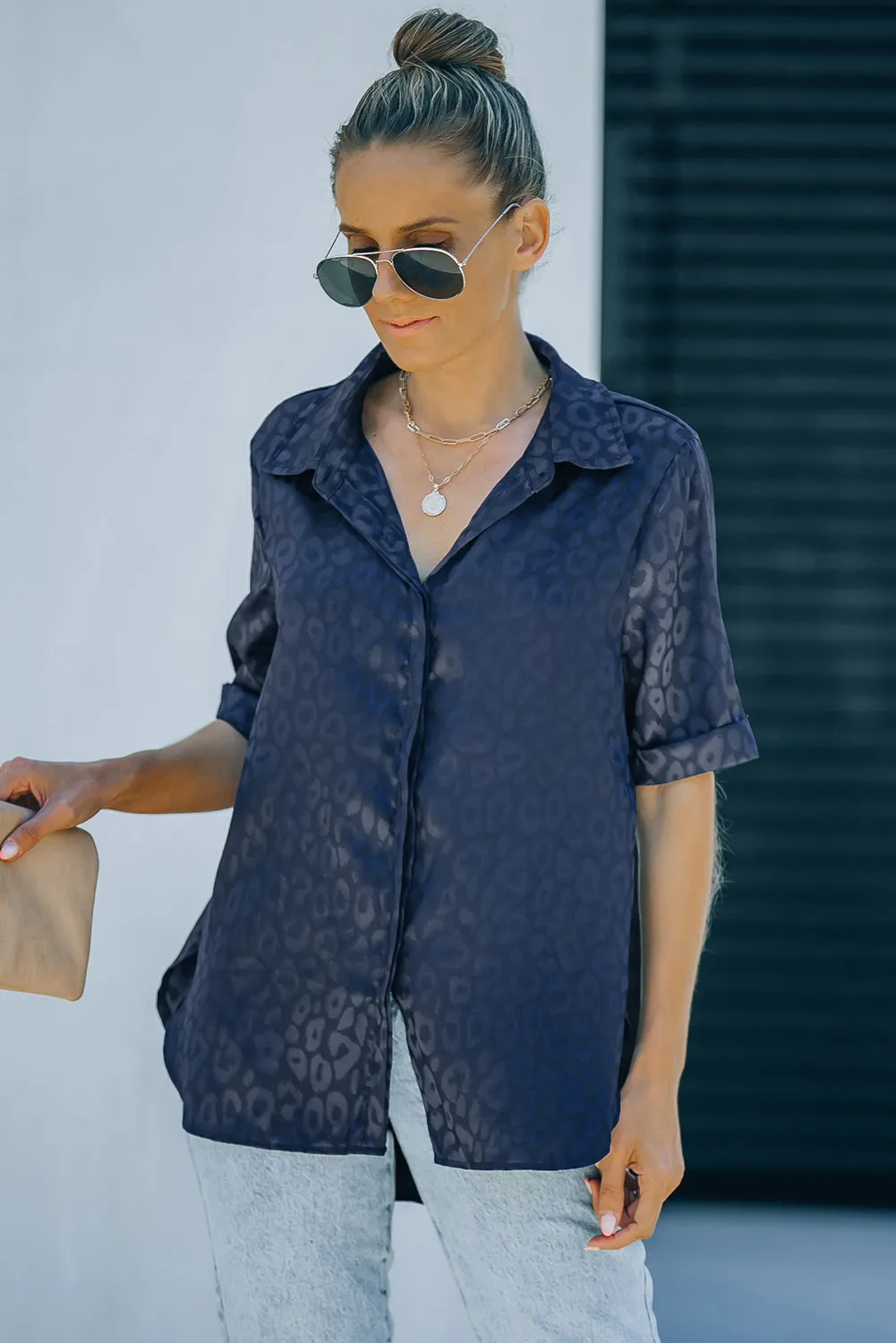 Leopard Jacquard Short Sleeve Satin Blouse