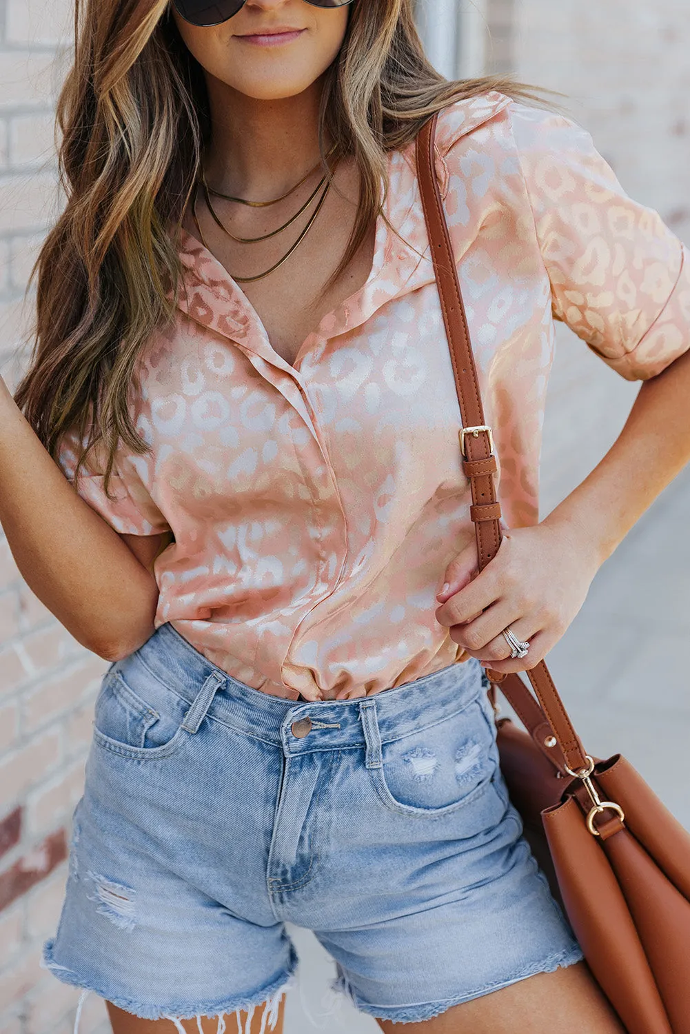 Leopard Jacquard Short Sleeve Satin Blouse