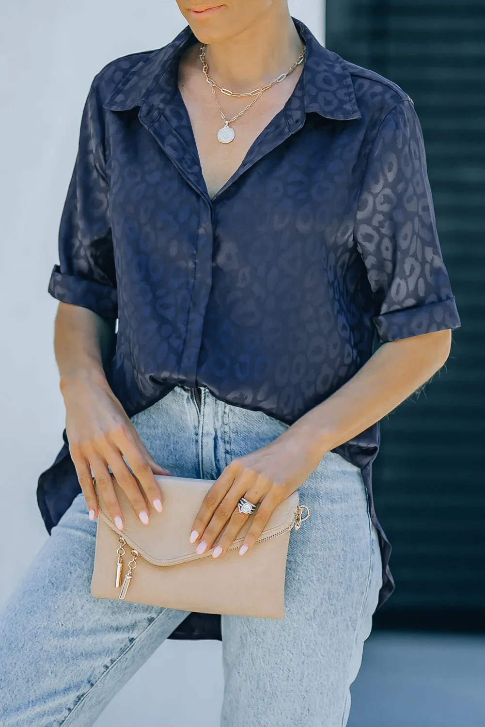 Leopard Jacquard Short Sleeve Satin Blouse