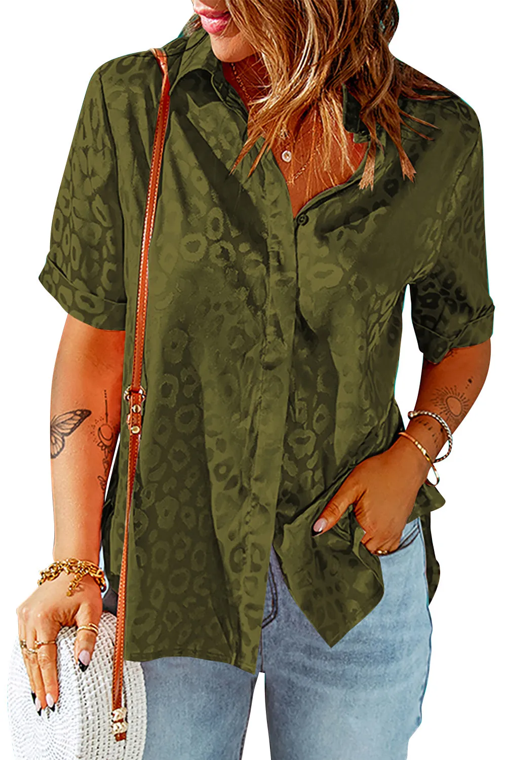 Leopard Jacquard Short Sleeve Satin Blouse