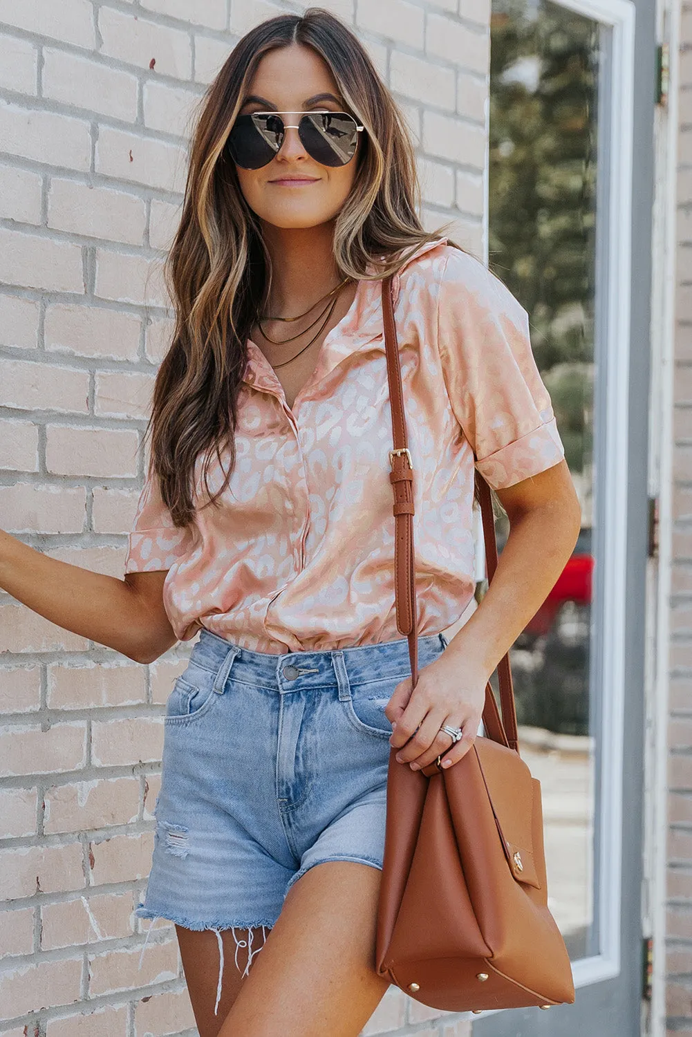 Leopard Jacquard Short Sleeve Satin Blouse
