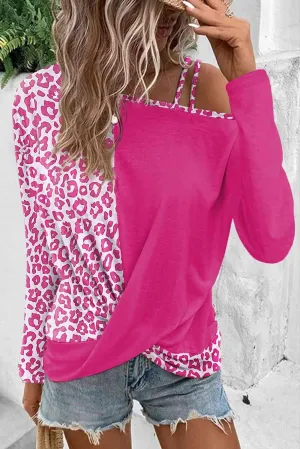 Leopard Print Asymmetrical Neck Hot Pink Blouse