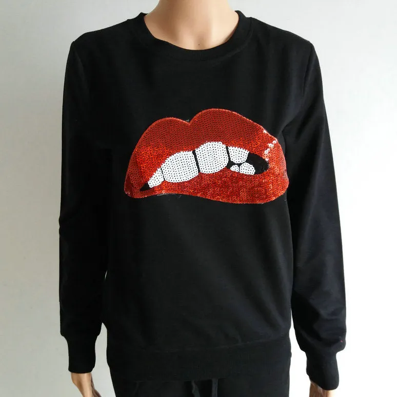 Lip Print Sequins Round Collar Long Sleeves Sweatshirt