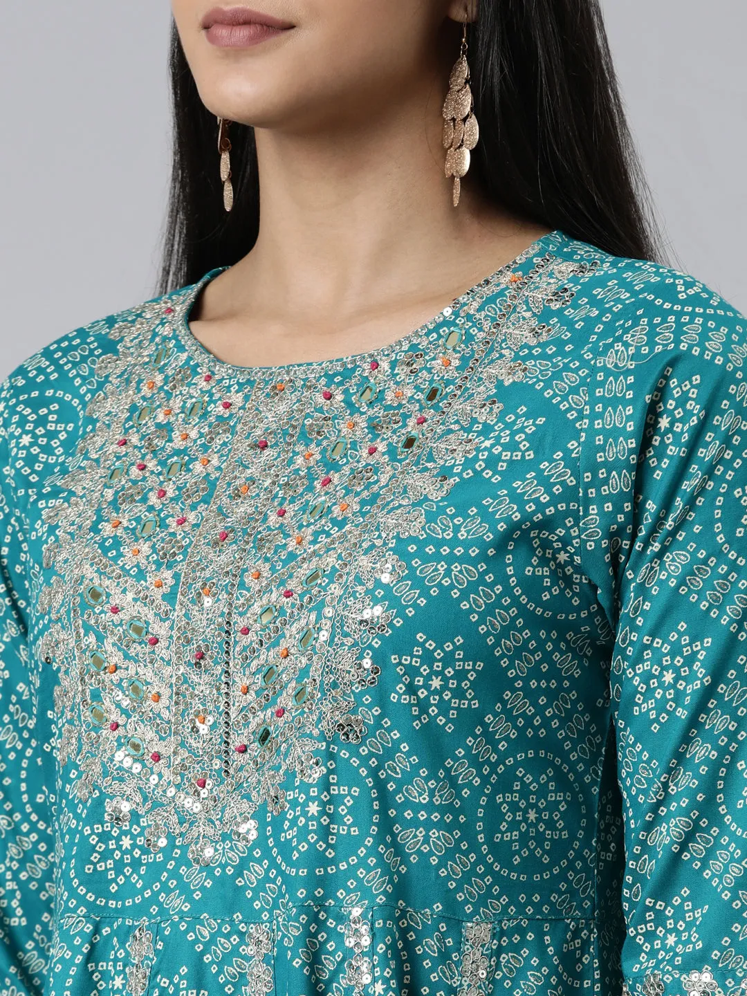 Neeru's Blue Regular Calf Length Printed Readymade Suits