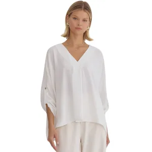 Off White V-neck 1/2 Sleeve Top Featuring Button Detailing at Sleeves.