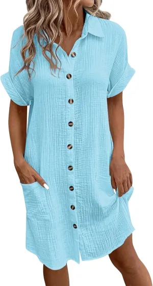 Palaver Summer Dresses for Women 2025 Casual Button Down Short Sleeve Tshirt Dress Beach Vacation Midi Dresses with Pockets