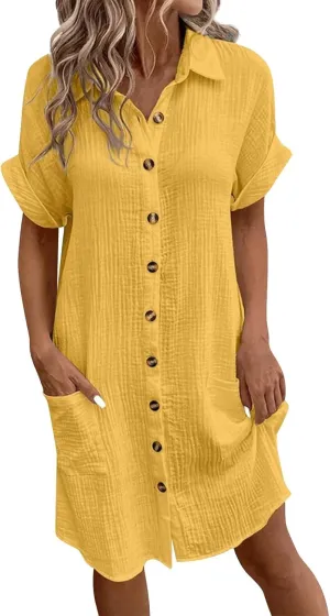 Palaver Summer Dresses for Women 2025 Casual Button Down Short Sleeve Tshirt Dress Beach Vacation Midi Dresses with Pockets
