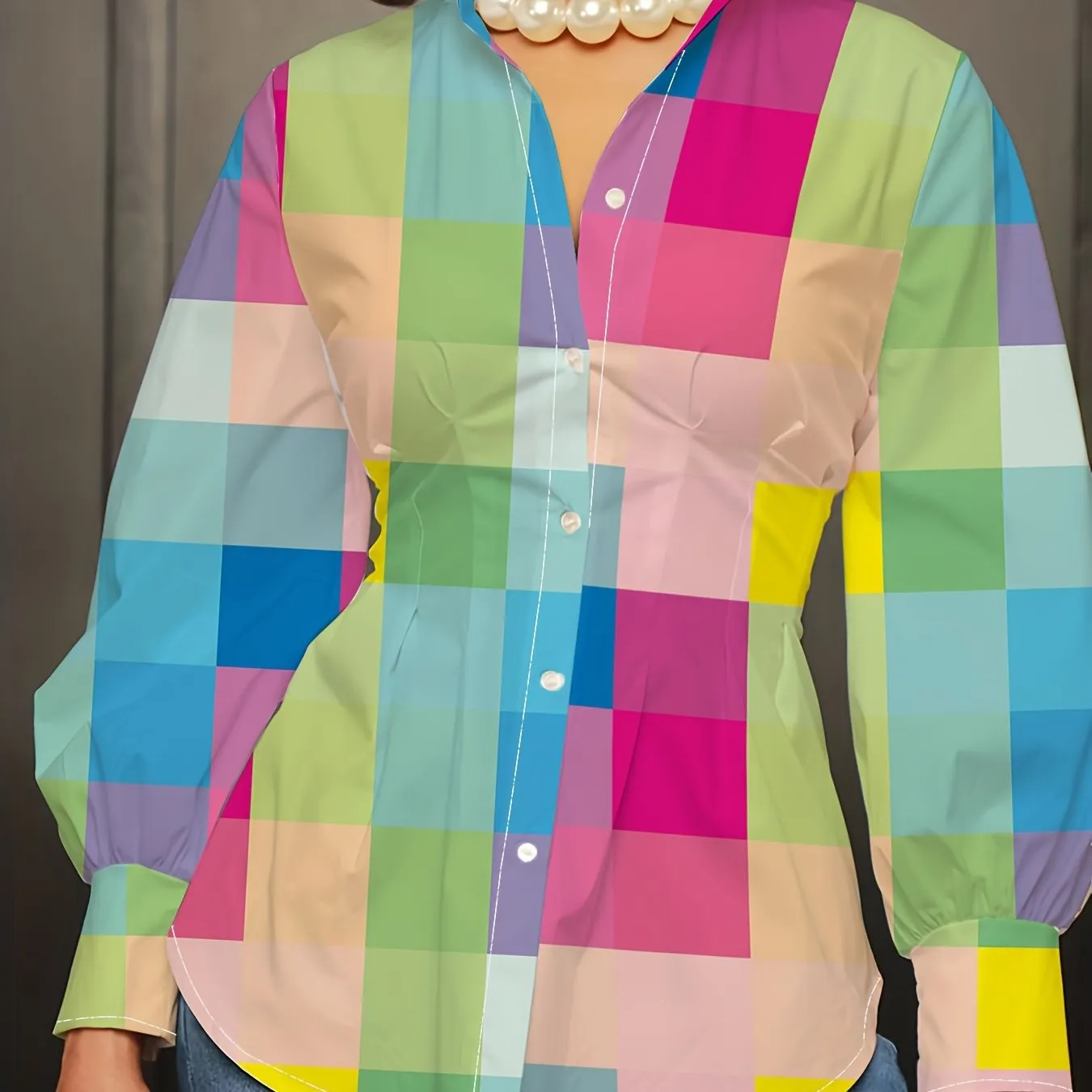Plus Size Casual  Solid Button Up Lantern Sleeve Turn Down Collar Blouse