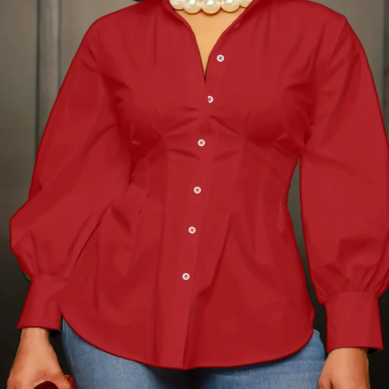 Plus Size Casual  Solid Button Up Lantern Sleeve Turn Down Collar Blouse