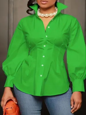 Plus Size Casual  Solid Button Up Lantern Sleeve Turn Down Collar Blouse
