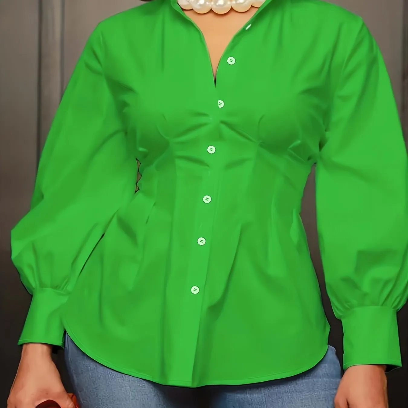 Plus Size Casual  Solid Button Up Lantern Sleeve Turn Down Collar Blouse