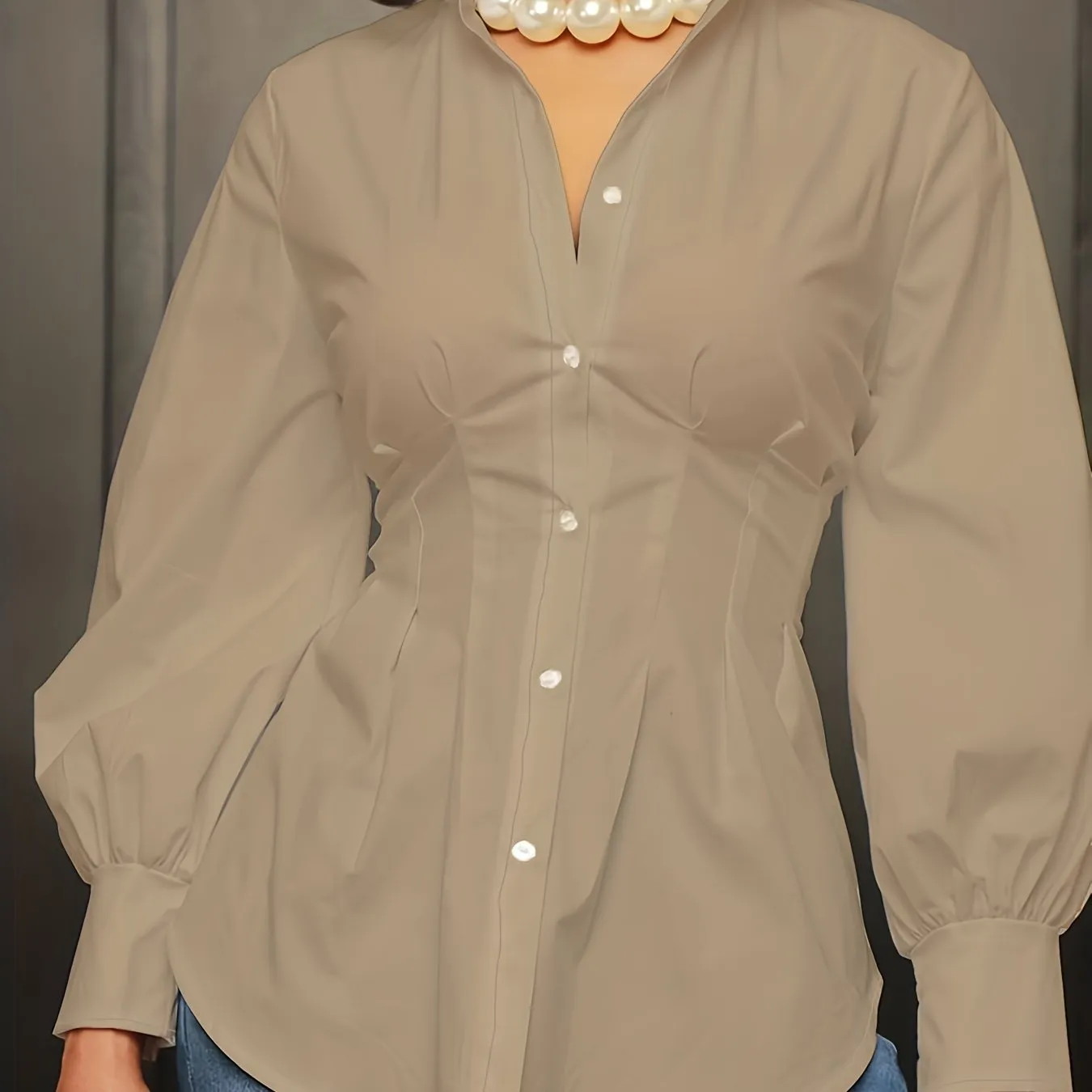 Plus Size Casual  Solid Button Up Lantern Sleeve Turn Down Collar Blouse