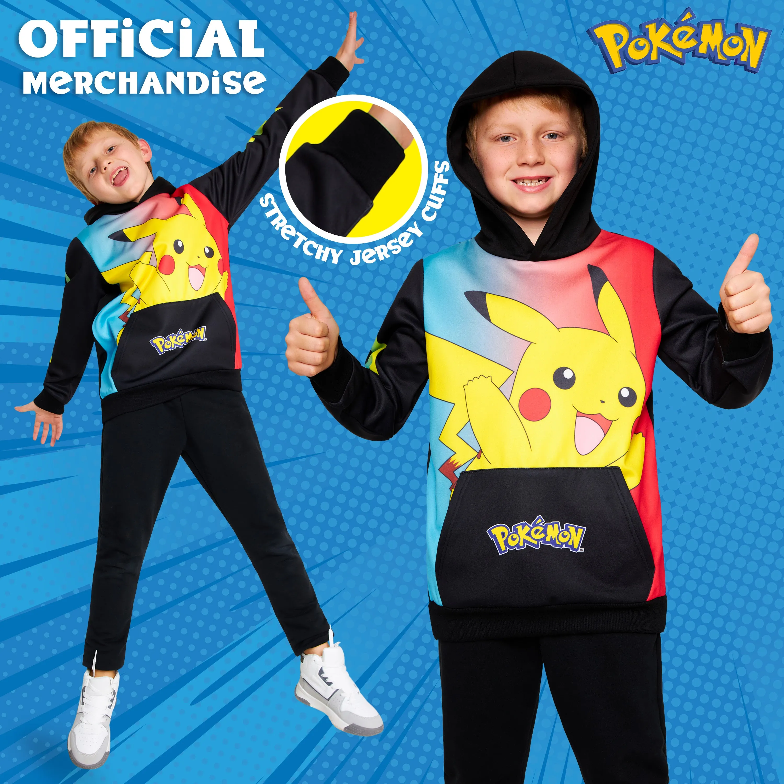 Pokemon Boys Hoodie with Cuffed Sleeves, Kangaroo Pocket - Black/Multi Pikachu